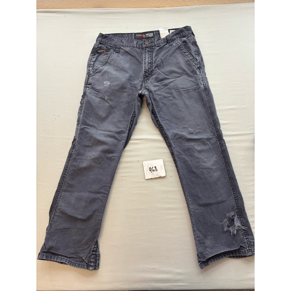 Ariat FR M4 Low Rise Boot Cut Work Pants Navy Blue 33x30 Distressed Flame Resist
